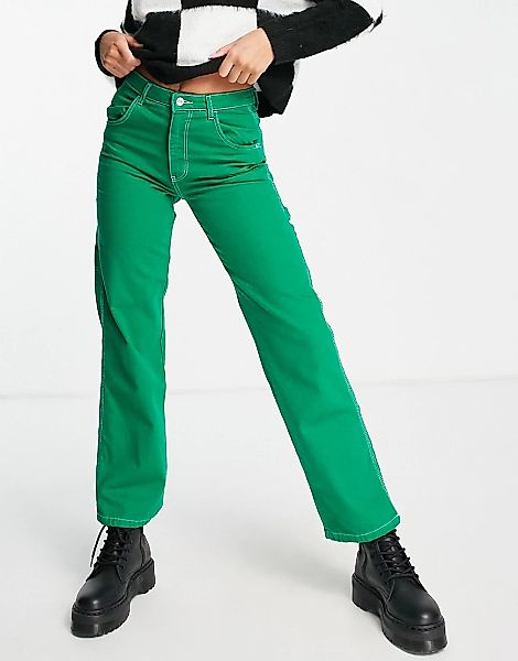Bershka – Carpenter-Jeans in Hellgrün mit Utility-Style und Kontrastnähten günstig online kaufen