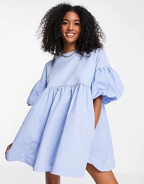 Mango – Hybrid-Kleid aus Popeline mit Puffärmeln in Babyblau günstig online kaufen