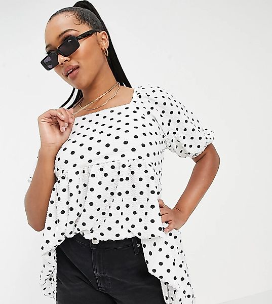 Yours – Exclusive – Gepunktete Bluse in Schwarz-Weiß mit Puffärmeln-Neutral günstig online kaufen