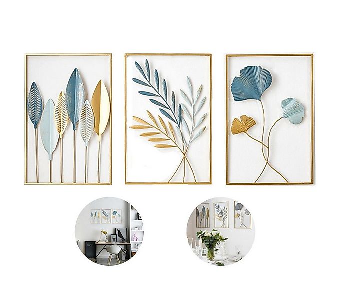 REDOM Wanddekoobjekt 3-teiliges Wandbild Metall Blatt-Deko 43x30 cm (Handge günstig online kaufen