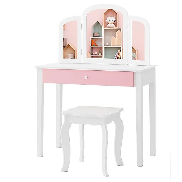 Costway 2 In 1 Kinder Schminktisch mit Klappbarem Spiegel Weiß günstig online kaufen