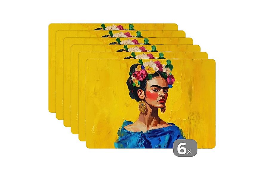 MuchoWow Platzset Frida Kahlo - Frau - Gelb - Blau - Blumen, (6-St), Platzs günstig online kaufen