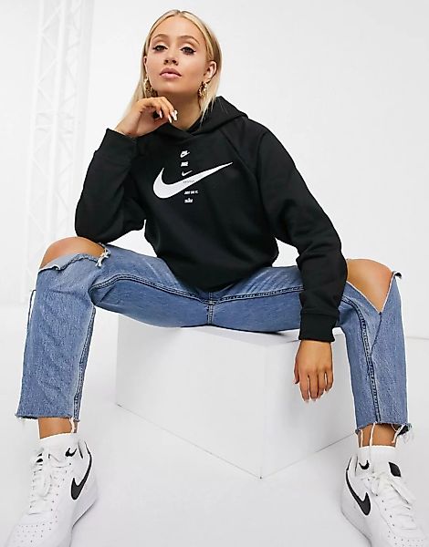 Nike – Kurz geschnittener Kapuzenpullover in Schwarz mit Swoosh-Logo günstig online kaufen
