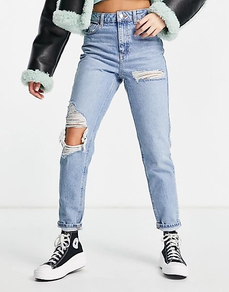Topshop – Mom-Jeans mit Zierrissen in verblichener Waschung-Blau günstig online kaufen