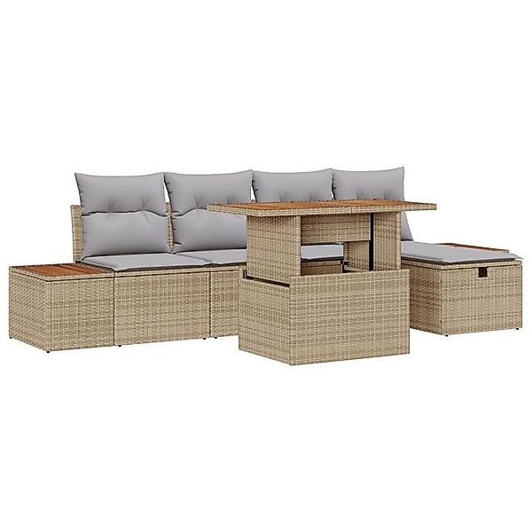 vidaXL Loungesofa 6-teiliges Garten-Sofa-Set mit Kissen Beige Poly-Rattan, günstig online kaufen