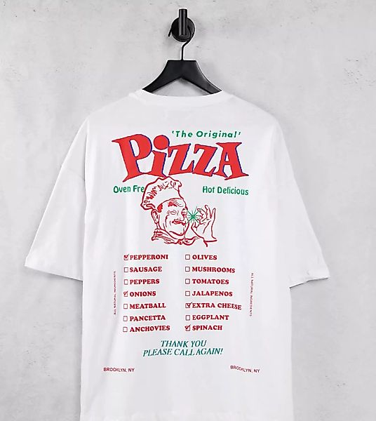 Bershka – Oversize-T-Shirt in Weiß mit „Pizza“-Aufdruck auf dem Rücken günstig online kaufen
