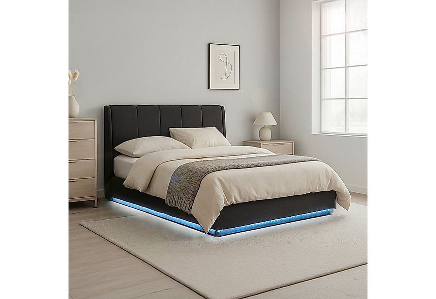 en.casa Polsterbett, »Tröstiar« mit LED-Beleuchtung Bettkasten Leinen 140 x günstig online kaufen