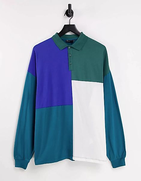ASOS DESIGN – Langärmliges Oversize-Shirt mit Polokragen und Farbblockdesig günstig online kaufen