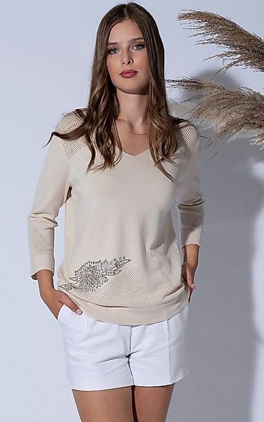 Passioni 3/4 Arm-Pullover mit perforierten Details V-Ausschnitt, Glitzer-Bl günstig online kaufen