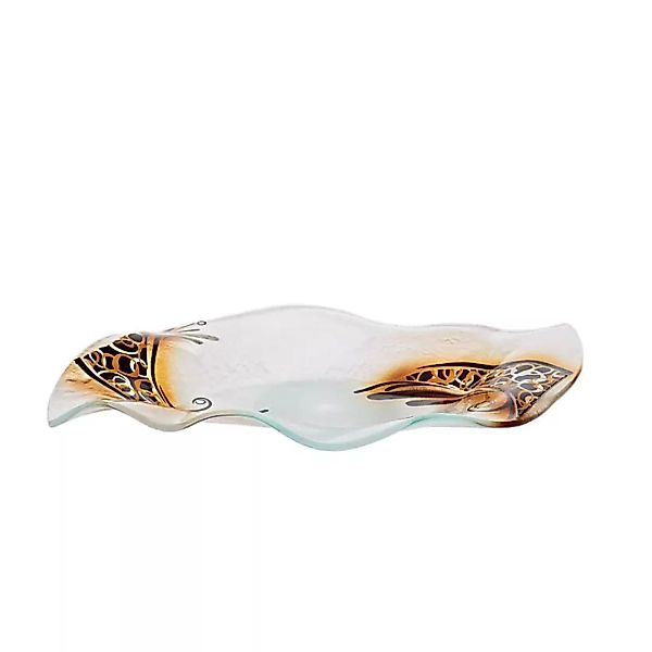 Glasschale Teller Platte Blatt Leaf Design Fusing Glas weiß gold 39cm Handm günstig online kaufen