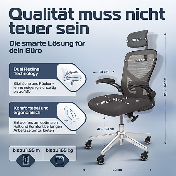 CLOUVOU Bürostuhl ergonomisch, Schreibtischstuhl bis 150 kg - Testsieger (S günstig online kaufen
