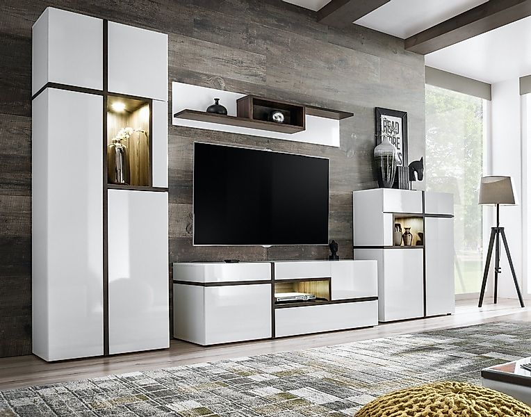 ASM-Moebel Wohnwand Wohnwand CROSS Hochglanz / Lamellen Fronten Led Beleuch günstig online kaufen