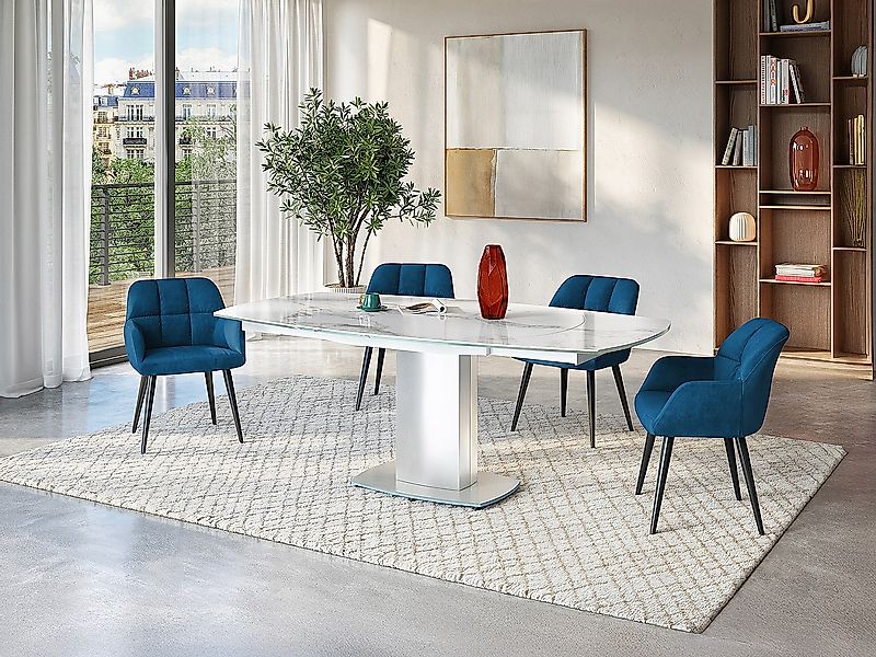 Sparset: Esstisch TALICIA + 4 Stühle PEGA - Weiß & Blau günstig online kaufen