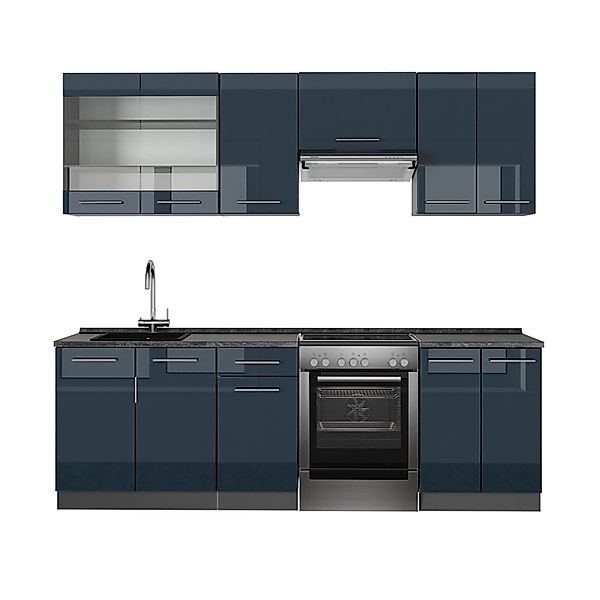 Vicco Fame-Line Küchenzeile Dunkelblau Hochglanz/Anthrazit 240 cm ohne Arbe günstig online kaufen