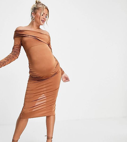 ASOS DESIGN Maternity – Schulterfreies, figurbetontes Midikleid mit gerafft günstig online kaufen