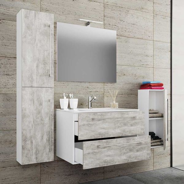 Waschplatz mit Keramikbecken in Beton Grau Weiß (vierteilig) günstig online kaufen