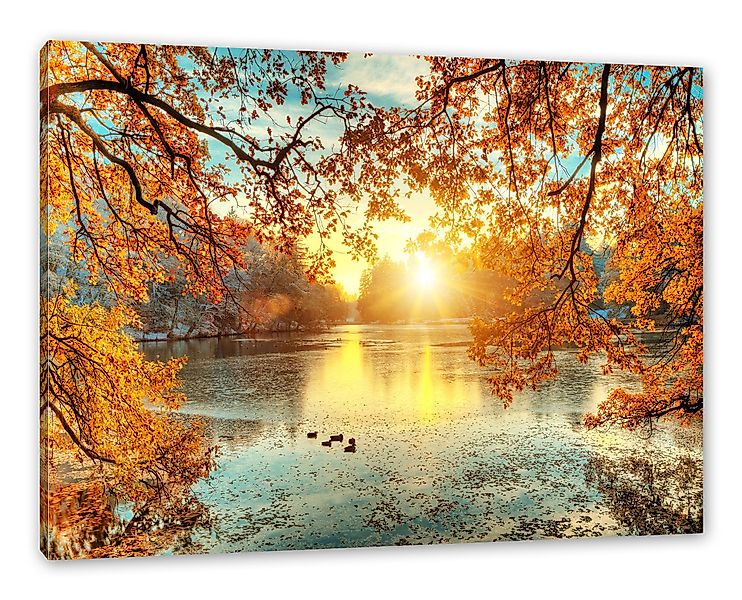 Pixxprint Leinwandbild Herbstbäume um See bei günstig online kaufen