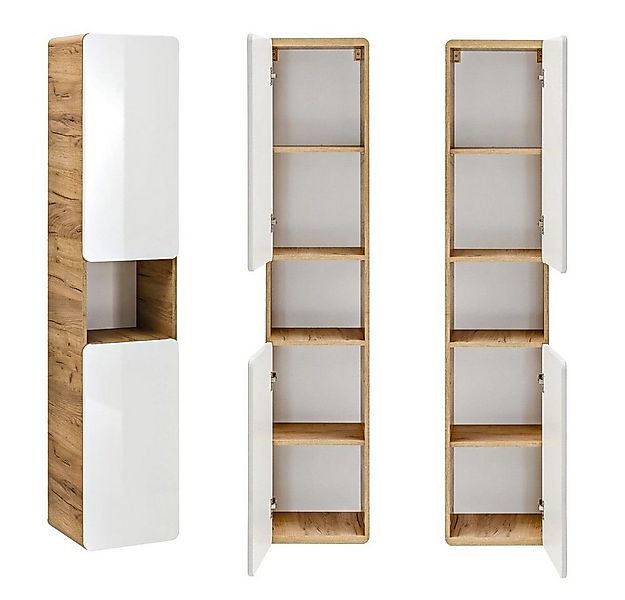 Lomadox Hochschrank LUTON-56 Badmöbel, Wotan Eiche Nb. Nb. Hochglanz weiß, günstig online kaufen