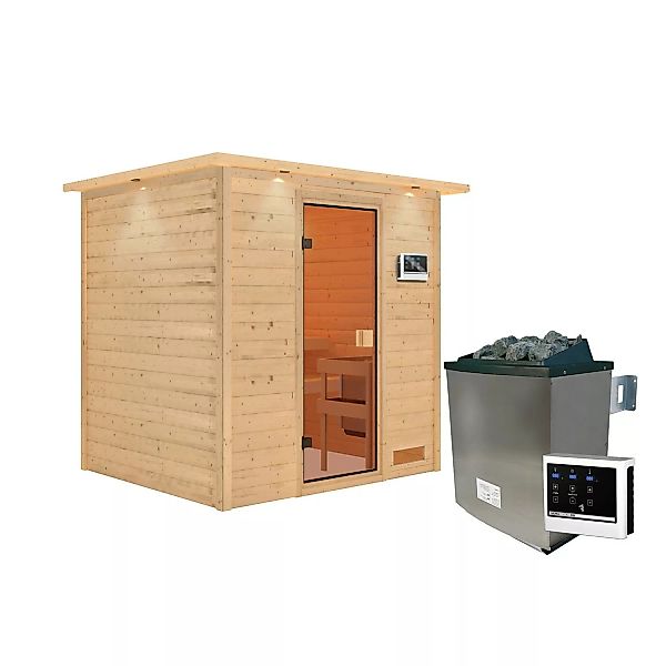 Karibu Sauna Adelina mit Kranz Set Naturbelassen mit Ofen 9 kW integr. Steu günstig online kaufen
