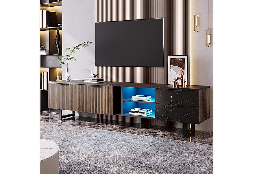 autolock Lowboard TV-Schrank 200 cm in schwarzer Marmoroptik mit LED (200 L günstig online kaufen