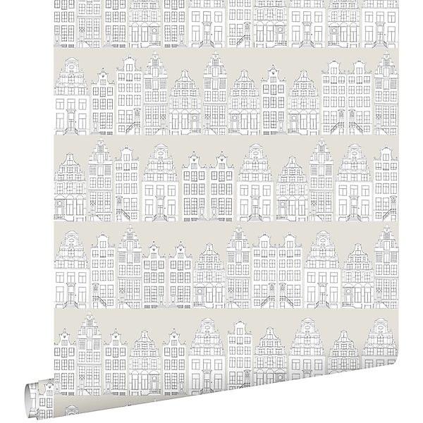 ESTAhome Tapete Gezeichnete Amsterdamer Grachtenhäuser Hellgrau 53 cm x 10, günstig online kaufen