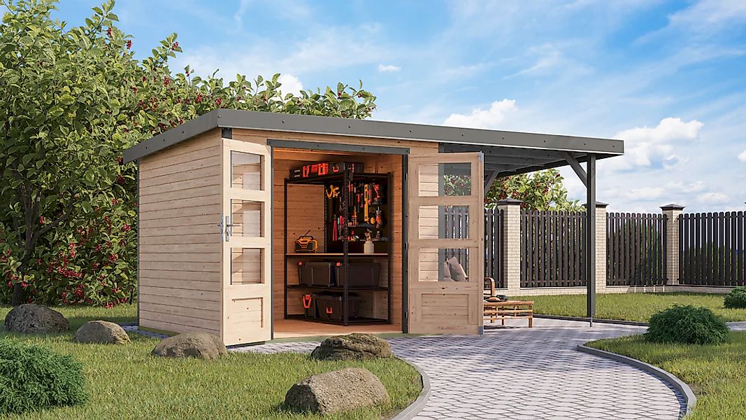 Karibu Gartenhaus ""Jupiter 3,5 A" SET naturbelassen, mit Anbaudach 2,35 m günstig online kaufen