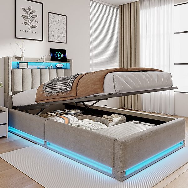 PXloue Polsterbett LED Doppelbett, Bettkasten, Ladefunktion, günstig online kaufen