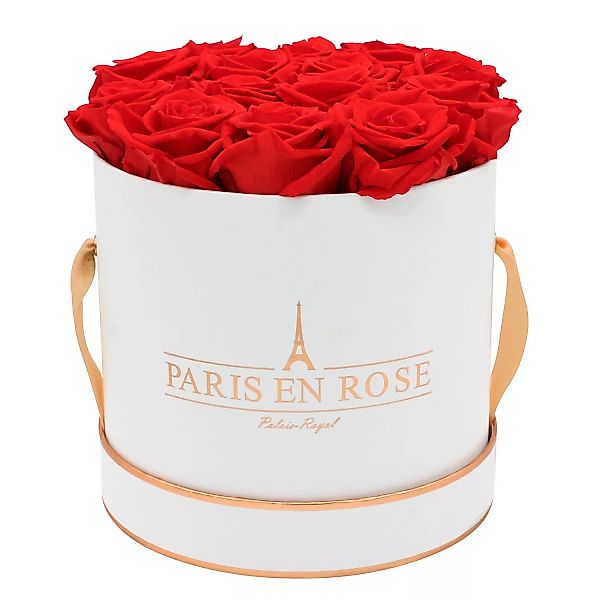 Rosenbox Ø 19 cm Weiß-Roségold mit 14 Roten Rosen günstig online kaufen