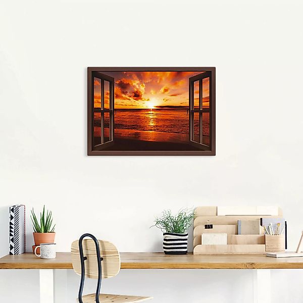 Artland Wandbild "Fensterblick Sonnenuntergang am Strand", Fensterblick, (1 günstig online kaufen