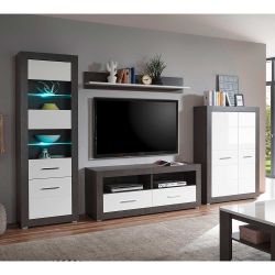 Wohnzimmer Schrankwand in Weiß Hochglanz und Beton Grau 315 cm breit (viert günstig online kaufen