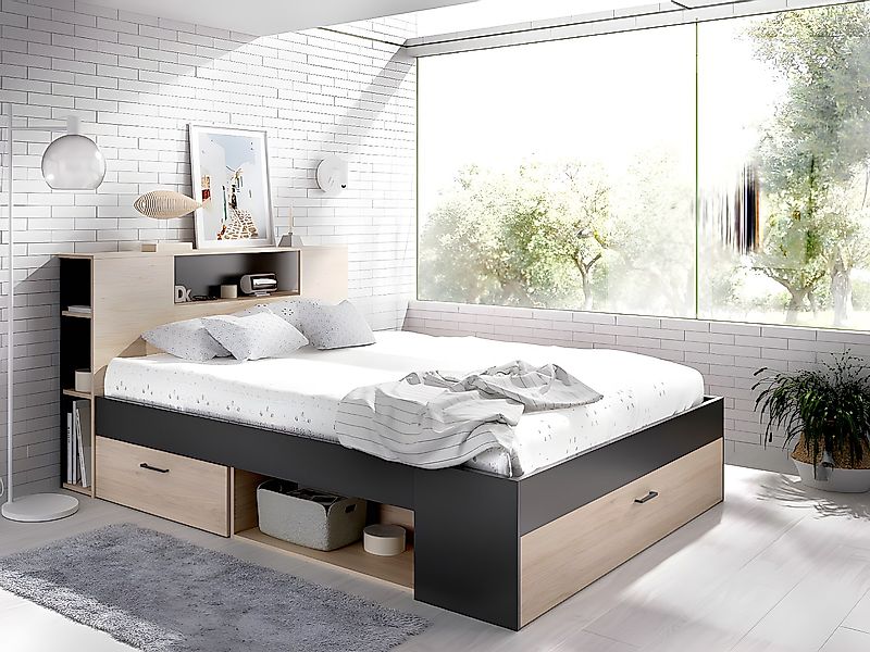 Bett mit Kopfteil, Stauraum & Schubladen + Lattenrost + Matratze - 160 x 20 günstig online kaufen