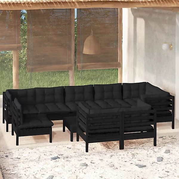 10-tlg. Garten-lounge-set Mit Kissen Schwarz Massivholz Kiefer günstig online kaufen