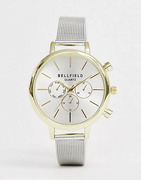 Bellfield – Damen-Chronographenuhr mit goldenem Gehäuse und silbernem Netza günstig online kaufen