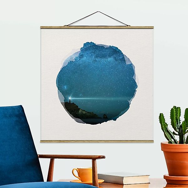 Stoffbild Strand mit Posterleisten - Quadrat Wasserfarben - Leuchtturm günstig online kaufen