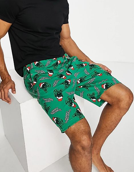 ASOS DESIGN – Weihnachtliche Lounge-Shorts mit Mops-Print-Mehrfarbig günstig online kaufen