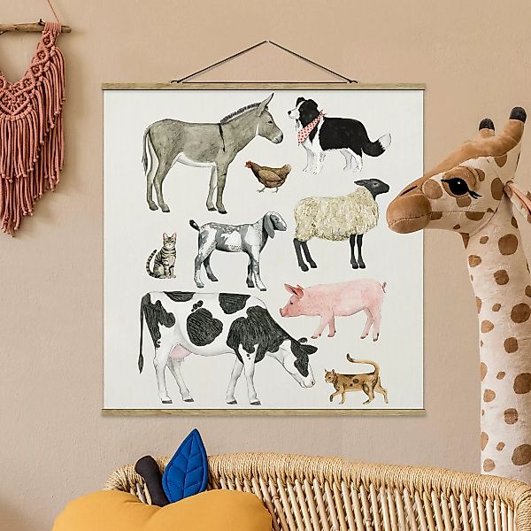 Stoffbild Tiere mit Posterleisten - Quadrat Bauernhof Tierfamilie II günstig online kaufen