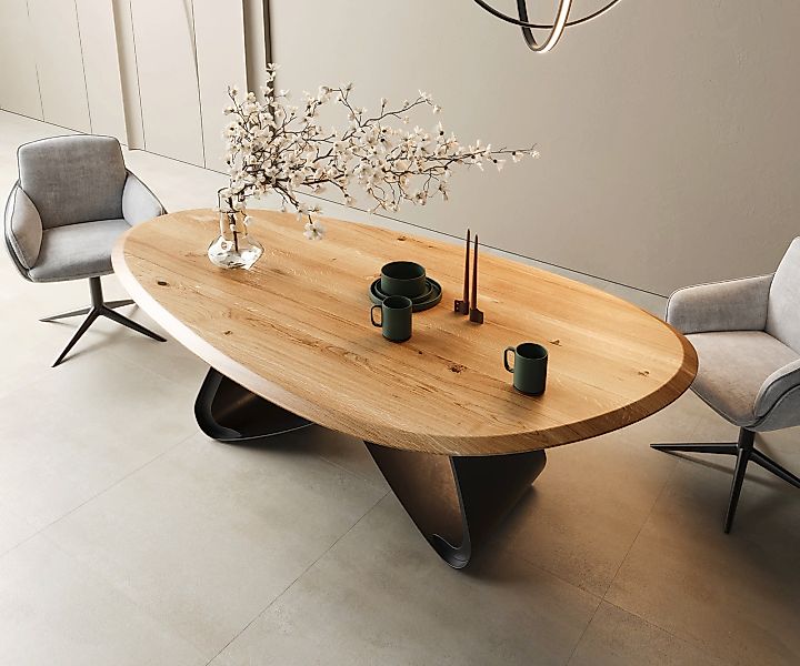 Esstisch Edge Oval 220x120x2,5 Eiche Natur W-Gestell Metall Schwarz Flow-Ed günstig online kaufen