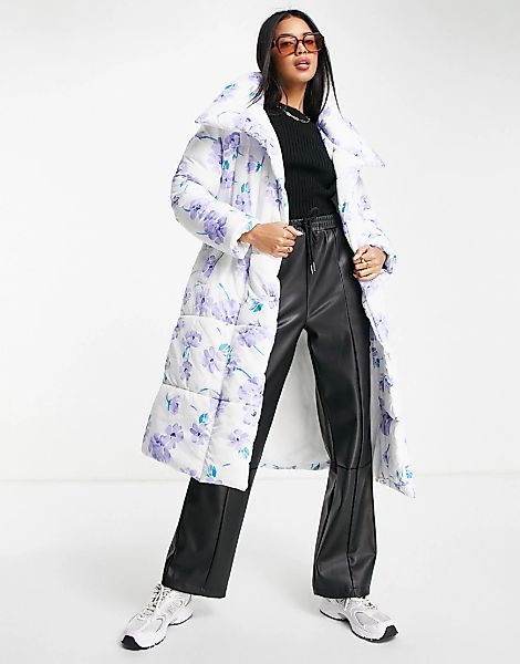 Neon Rose Plus – Wattierte Oversize-Jacke mit Gürtel und Blumenmuster-Mehrf günstig online kaufen