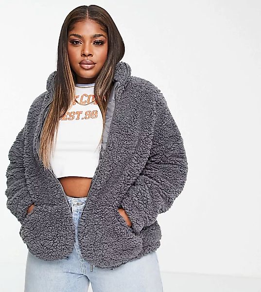 New Look Curve – Jacke aus Teddystoff in Grau mit hohem Kragen günstig online kaufen