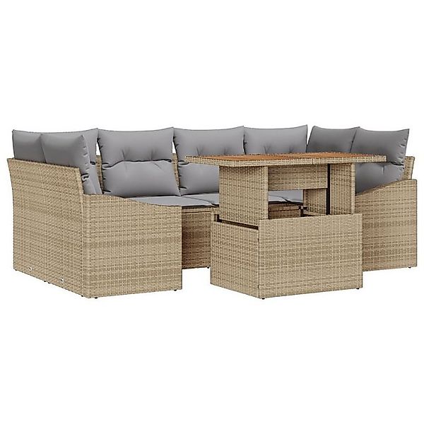vidaXL Loungesofa 7-teilige Garten-Essgruppe mit Kissen Beige Poly-Rattan, günstig online kaufen