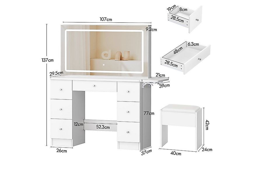 ALFORDSON Schminktisch mit LED-Spiegel, 7 Schubladen und Steckdosen, Schmin günstig online kaufen