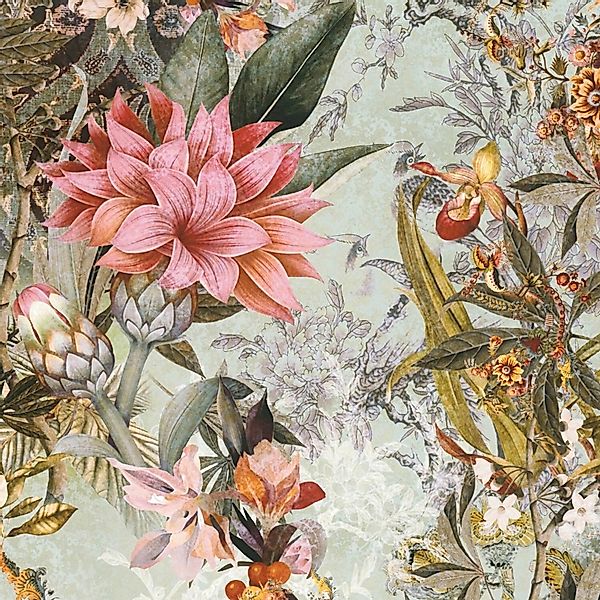 PROFHOME 381771-GU Blumen Tapete Floral Matt Grün Rosa Gelb Oliv-Grau 0,53 günstig online kaufen