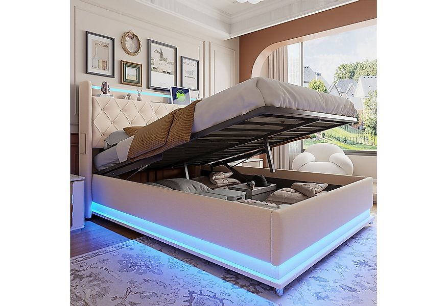 Merax Polsterbett mit LED-Beleuchtung & USB-Ladeanschluss (1-tlg., Hydrauli günstig online kaufen