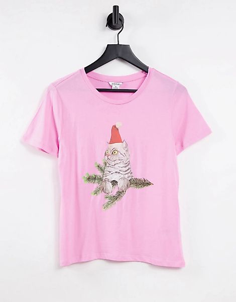 Monki – T-Shirt aus Bio-Baumwolle in Rosa mit weihnachtlichen Katzenmotiv günstig online kaufen