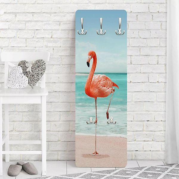 Wandgarderobe Holzpaneel Strand mit Flamingo günstig online kaufen