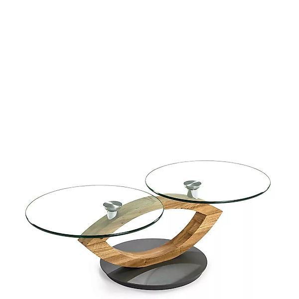 Design Couchtisch mit zwei runden Glasplatten Asteiche Massivholz günstig online kaufen