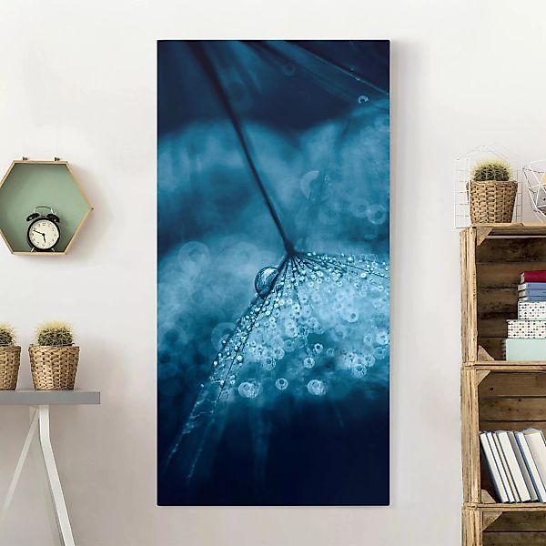 Leinwandbild Blumen - Hochformat Blaue Pusteblume im Regen günstig online kaufen