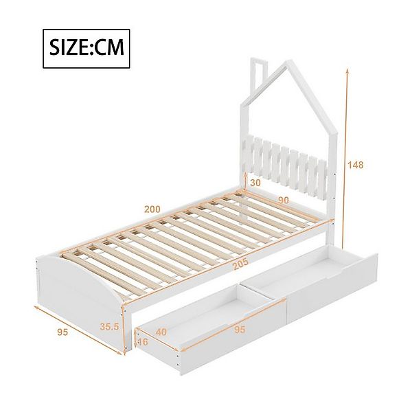 Ulife Holzbett Kinderbett Jugendbett mit 2 Schubladen, Haus-Form Kopfteil, günstig online kaufen