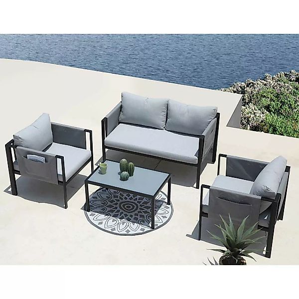 Terrassensitzgruppe modern mit vier Sitzplätzen Grau und Schwarz (vierteili günstig online kaufen