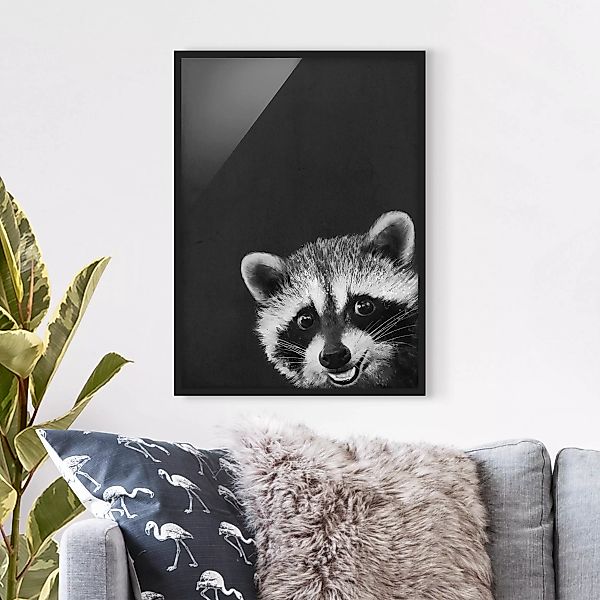 Bild mit Rahmen Tiere - Hochformat Illustration Waschbär Schwarz Weiß Maler günstig online kaufen